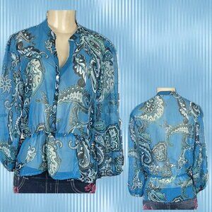 New York & Company M Sheer Teal Blue Abstract Floral V-Neck 3/4 Sleeve Blouse